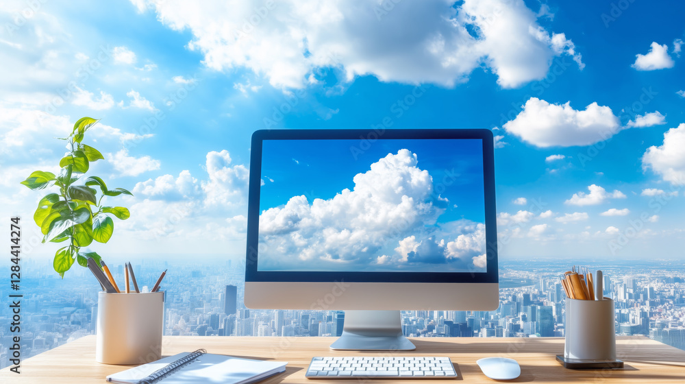 Poster a modern workspace is set against a backdrop of clouds and a vibrant blue sky, with a sleek computer