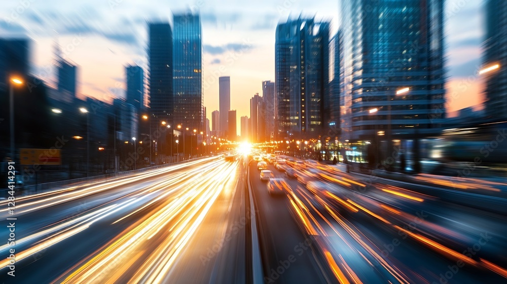 Poster dynamic urban scene with blurred traffic flow and skyscrapers at sunset in a bustling city : generat
