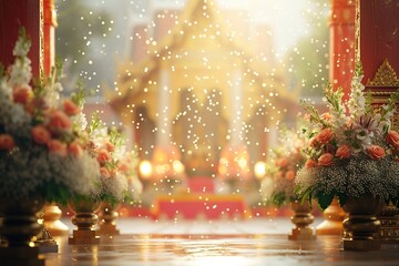 A beautiful scene of a wedding with a red and gold building in the background