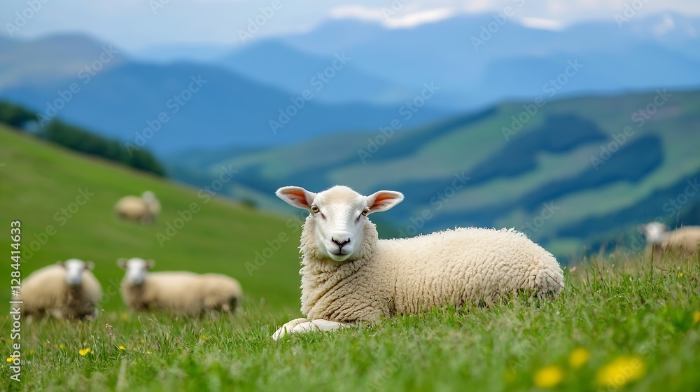 Poster peaceful sheep resting in a green pasture with mountain background : generative ai
