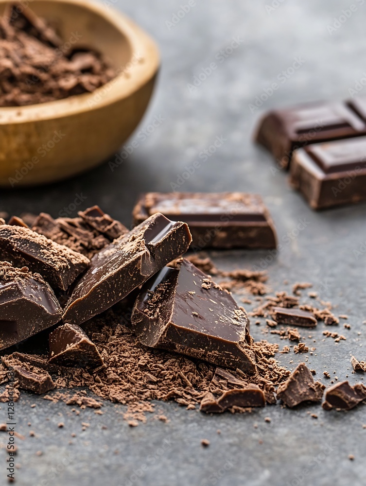 Poster Delicious Dark Chocolate Chunks with Sifting Cocoa Powder in a Rustic Setting : Generative AI
