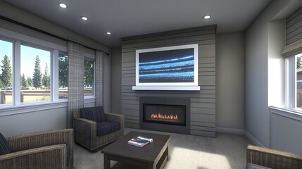 Modern Living Room Interior Featuring a Cozy Fireplace and Large Television in Natural Light