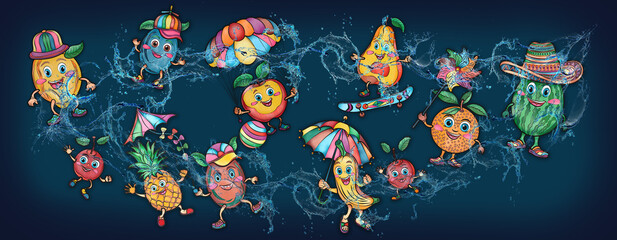 Cartoon cute fruits in water, banner, poster cherry, pineapple, lemon, grape, banana