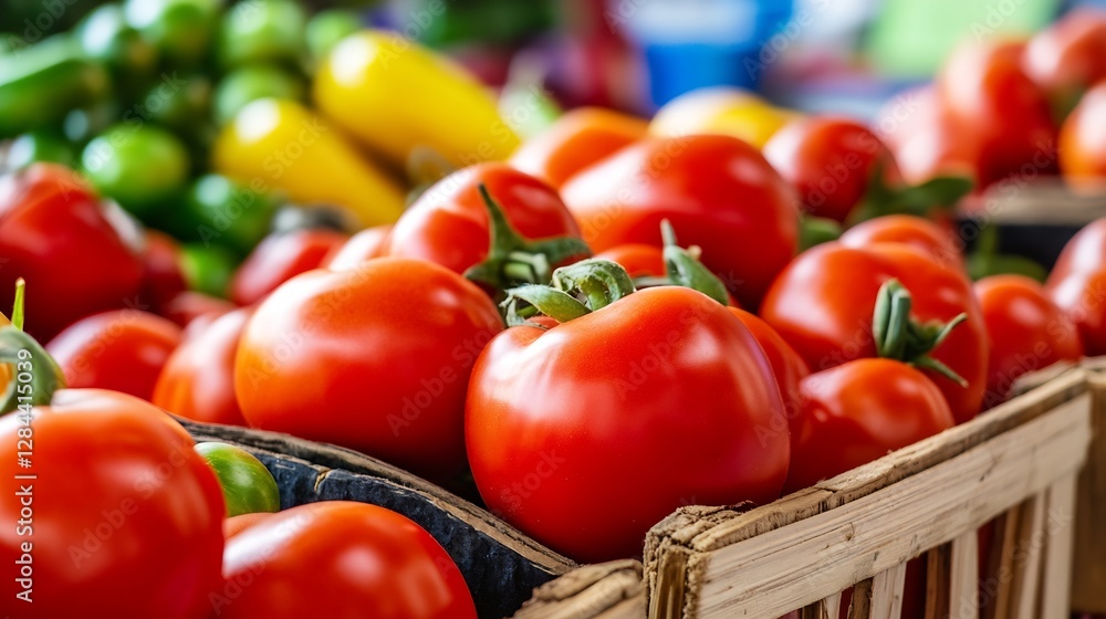 Aufkleber Fresh ripe tomatoes on display in a vibrant market with various colorful vegetables around them : Generative AI