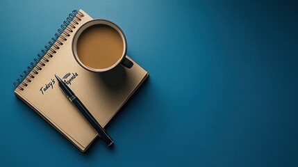 Coffee, notebook, pen, planning, blue background
