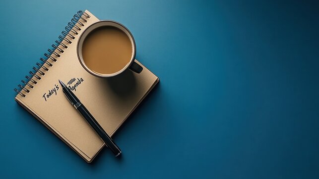 Coffee, notebook, pen, planning, blue background