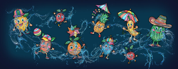 Cartoon cute fruits in water, banner, poster grapes, apple, banana, cherry, watermelon