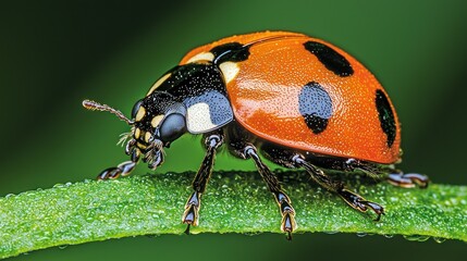 Close-up ladybug on dewy leaf, blurred green background