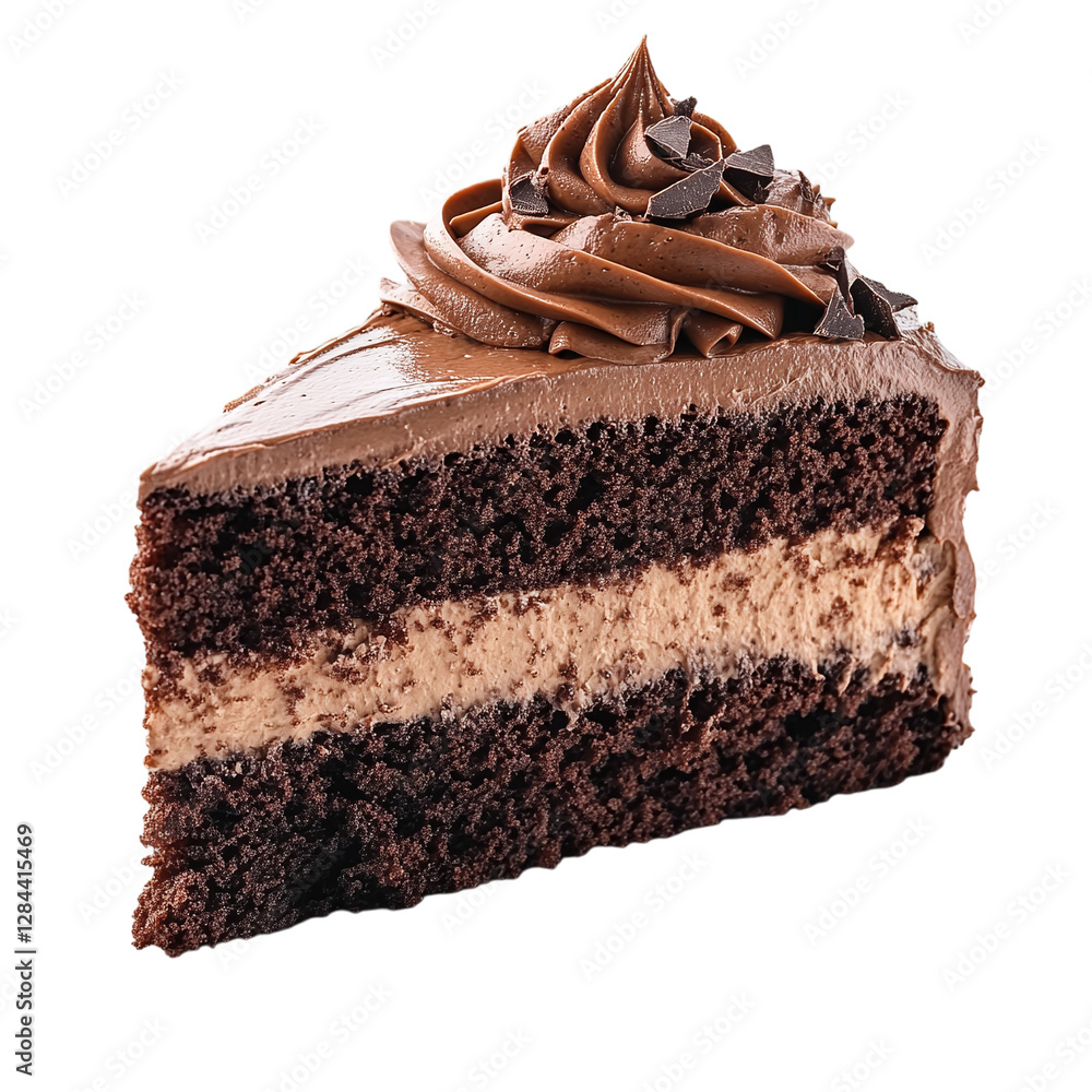 Poster slice of chocolate cake with multiple layers of moist chocolate sponge and creamy chocolate frosting