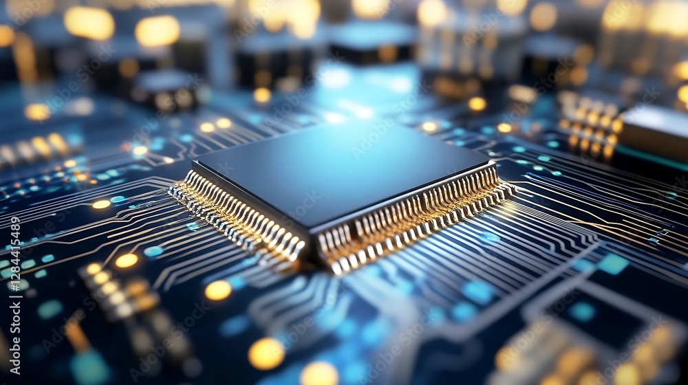 Fototapete closeup view of a modern computer chip surrounded by intricate electronic circuits and glowing light