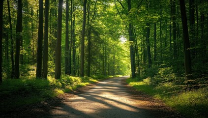 Obraz premium Sunlit Path Through a Lush Green Forest