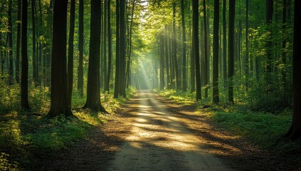 Obraz premium Sunlit Path Through a Lush Green Forest