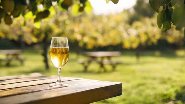 Moderate drinking with a glass of cider at an orchard picnic. Featuring freshness and balance