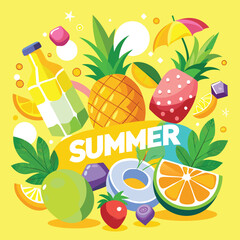 Hello Summer Tropical Fruit Vector Art – Pineapple, Banana & Coconut with Ice Cubes on Bright Yellow Background for Seasonal Designs. Hello Summer Vector – Tropical Fruits & Ice Cubes on Bright Yellow