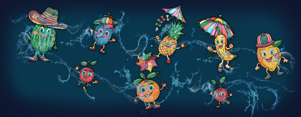Cartoon cute fruits in water, banner, poster grapes, lemon, banana, cherry, plum, orange, watermelon
