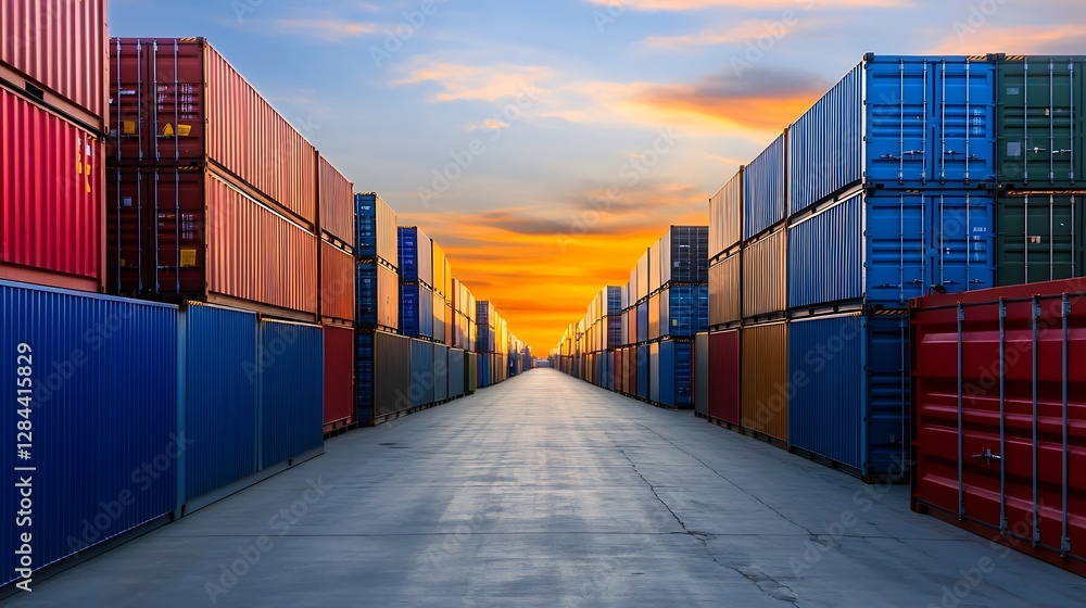 Poster vibrant container storage yard depicting rows of colorful shipping containers at sunset : generative
