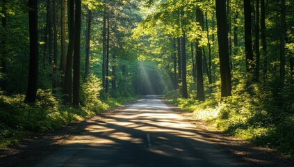 Fototapeta premium Sunbeams Illuminating Forest Path: A Serene Morning in the Woods