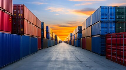 Fototapeta premium Vibrant container storage yard depicting rows of colorful shipping containers at sunset : Generative AI