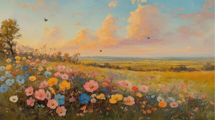 A dreamy meadow filled with colorful wildflowers under a golden sunset sky, with soft clouds and butterflies fluttering, creating a peaceful and picturesque scene