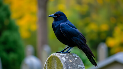 Obraz premium A black crow is perched on a stone headstone in a cemetery