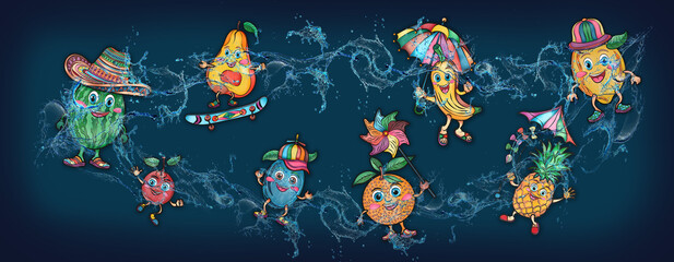 Cartoon cute fruits in water, banner, poster grapes, banana, cherry, apple