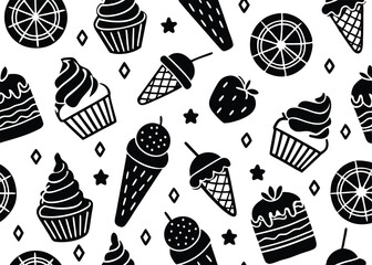 B&W Summer Dessert Seamless Vector, Monochrome Cakes, Ice Cream & Sweet Treats Pattern. Black and white  Summer Dessert Vector – Cakes, Ice Cream Pattern. Monochrome Sweet Treats Pattern.