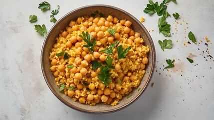 Boiled chickpeas and ingredients for vegetarian pilaf on a light concrete background