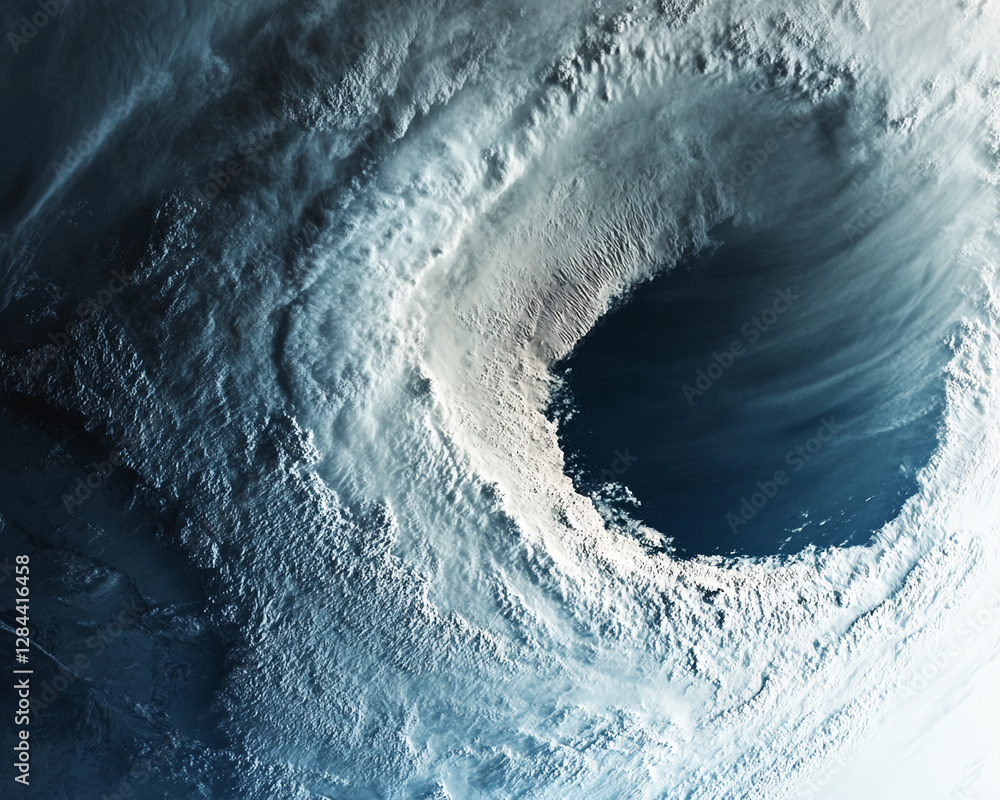 Poster aerial view of a massive hurricane storm showcasing a deep eye in the center with swirling clouds, o