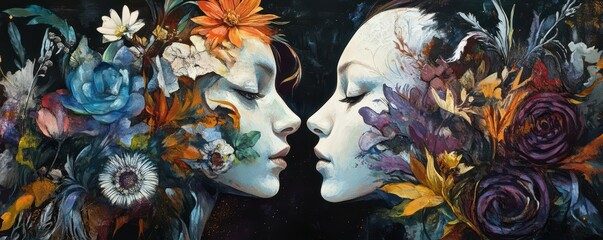 Surreal portrait of two faces intertwined with vibrant flowers and abstract elements