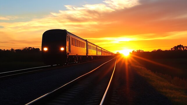 Beautiful sunset with a train silhouette traveling along the railway under the colorful sky : Generative AI - Powered by Adobe