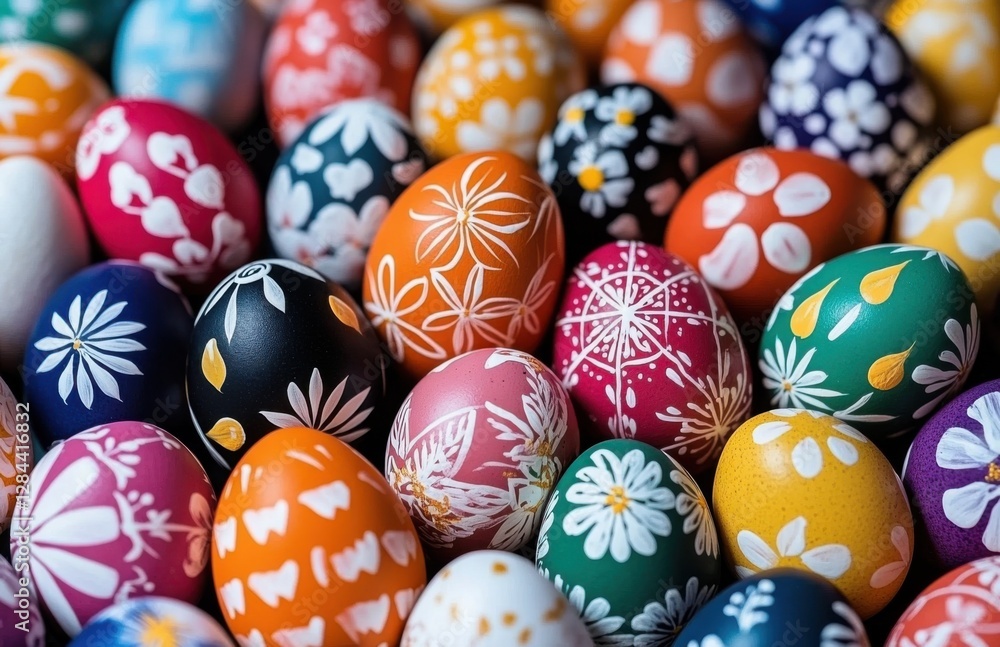 Poster colorful easter eggs with hand-painted patterns, arranged in an intricate design. the background is 