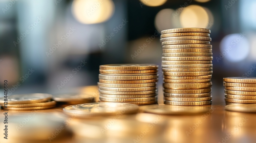 Fototapete stack of golden coins on wooden table creating a sense of wealth and prosperity in a warm atmosphere