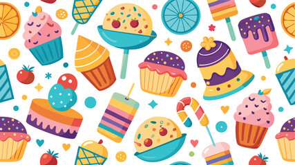 Colorful Summer Dessert Seamless Vector, Cakes, Ice Cream & Sweet Treats Pattern on White Background, Colorful Sweets Pattern, Retro Summer Dessert Vector Design. Sweet Summer Vector. Summer  Seamless