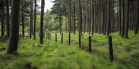 Fototapeta premium Serene Scottish Pine Forest Landscape: A Tranquil Path Through Lush Green Meadow