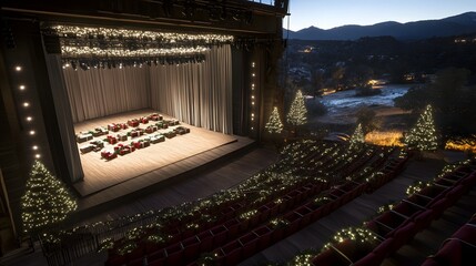 Open-Air Theater Stage Set for Holiday Performance with Scenic Mountain View at Dusk