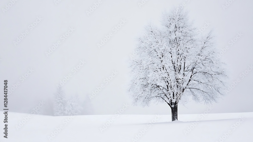 Poster isolated winter tree covered in snow standing against a foggy white landscape creating a serene atmo