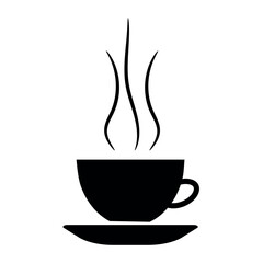 Black silhouette of a steaming cup of coffee with a minimalistic design, symbolizing warmth, comfort, and relaxation with simple lines and shapes