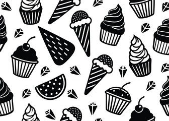 B&W Summer Dessert Seamless Vector, Monochrome Cakes, Ice Cream & Sweet Treats Pattern. Black and white  Summer Dessert Vector – Cakes, Ice Cream Pattern. Monochrome Sweet Treats Pattern.