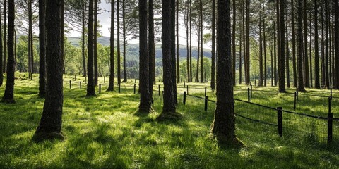 Serene Sunlight Filtering Through a Scottish Pine Forest