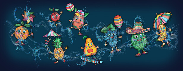 Cartoon cute fruits in water, banner, poster watermelon, cherry, grapes, orange lemon