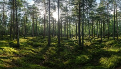 Obraz premium Sunlit Mossy Forest Panorama: A Tranquil Woodland Scene