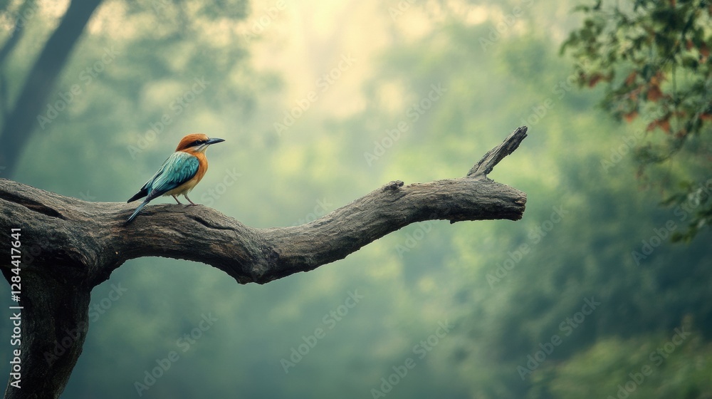 Poster Lone bird perched on a dead tree branch amidst a serene natural setting at dawn. Generative AI