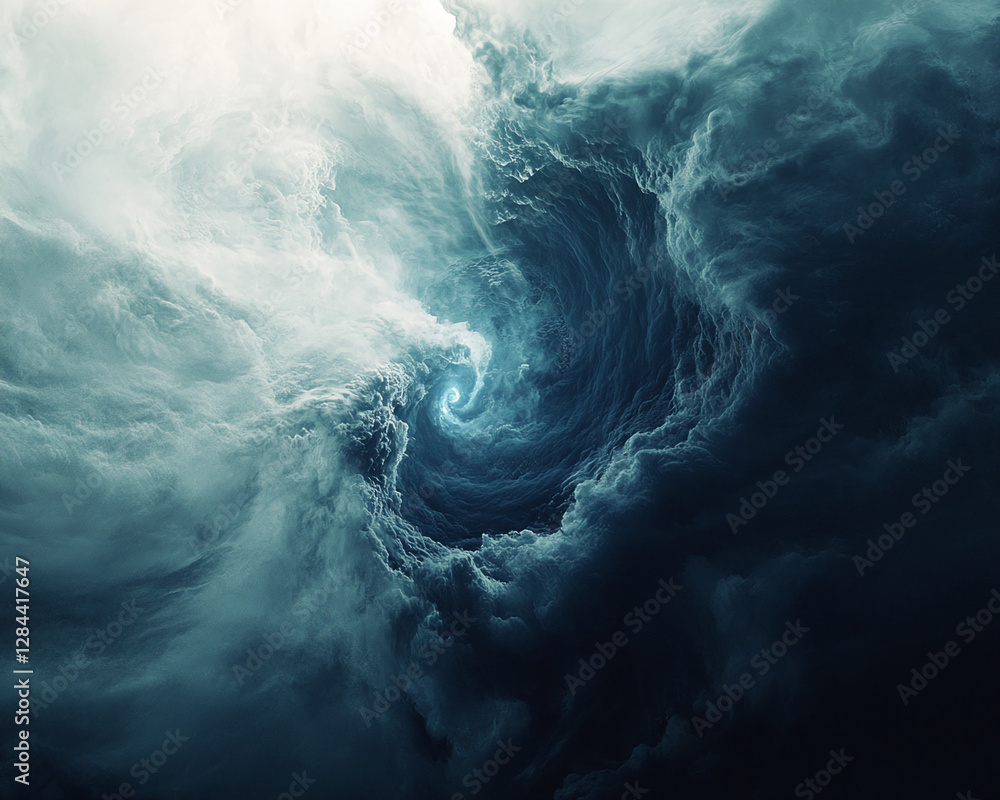 Poster aerial view of a massive swirling ocean storm with dark, turbulent waves and swirling clouds, symbol