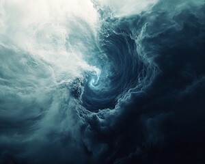 Aerial view of a massive swirling ocean storm with dark, turbulent waves and swirling clouds, symbolizing natureâ€™s raw power and the energy of a cyclone or vortex.
