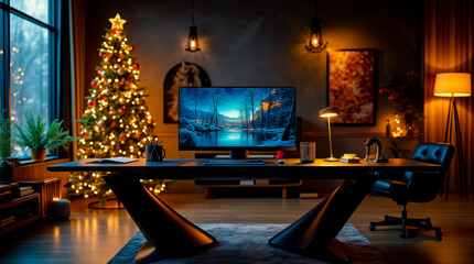 A computer monitor is on a desk in front of a Christmas tree