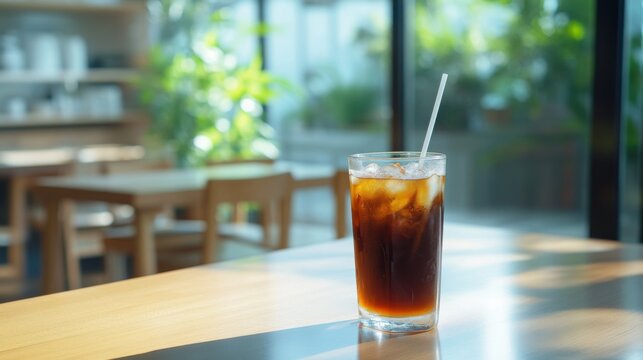 Moderate drinking with a glass of iced coffee in a minimalist café. Featuring clarity and moderation