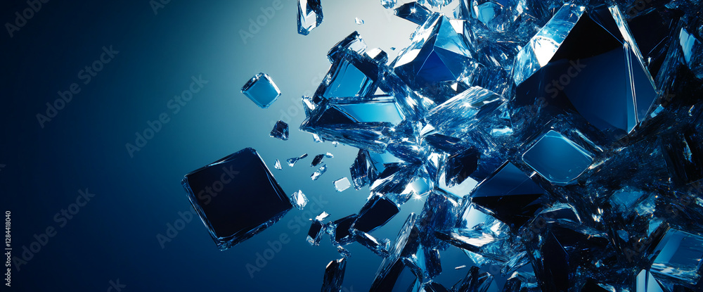 Poster Abstract image of shattered ice cubes in various shapes and sizes, symbolizing coldness, breakage, and dynamic motion, with a blue background enhancing the crystalline effect.