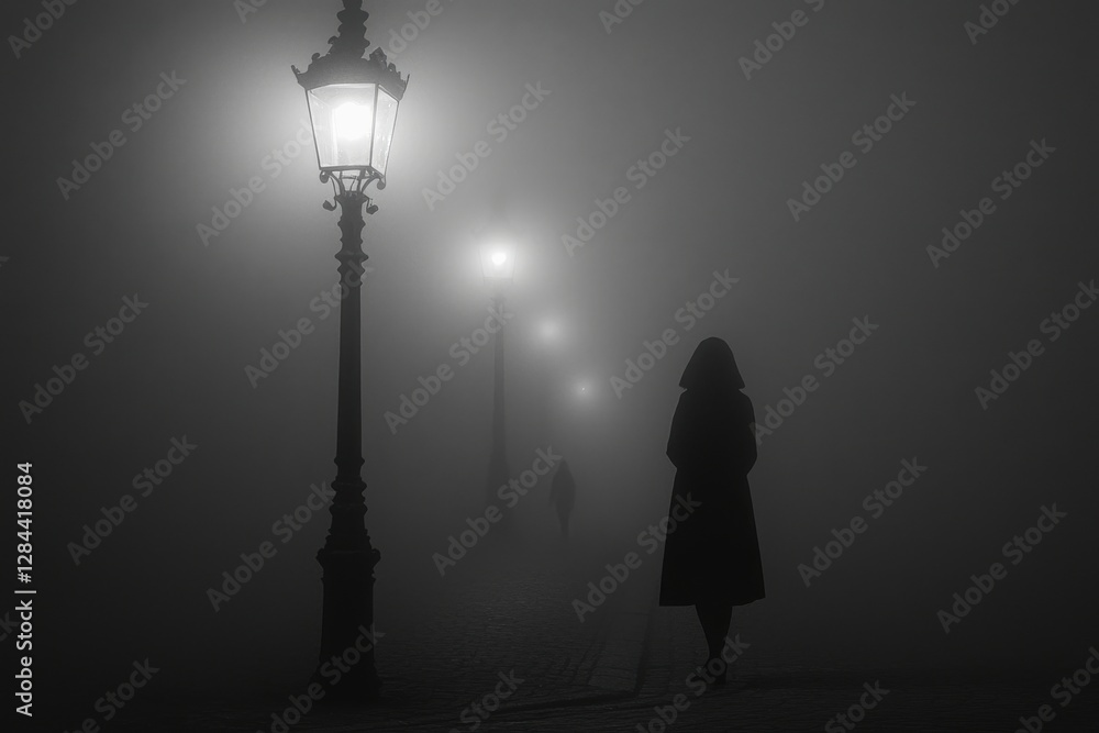 Poster a solitary figure stands in the fog near a glowing lamp post, creating a mysterious and atmospheric 