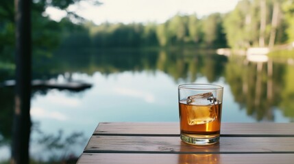 Moderate drinking with a glass of iced tea at a lakeside cabin. Featuring tranquility and mindfulness
