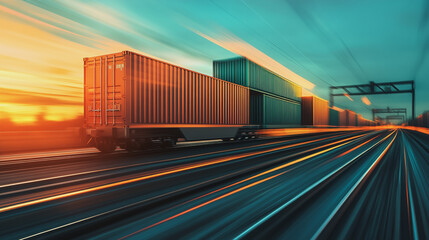 Naklejka premium Global business of Container Cargo freight train for Business logistics concept, Air cargo trucking, Rail transportation and maritime shipping, Online goods orders worldwide. Container truck in ship
